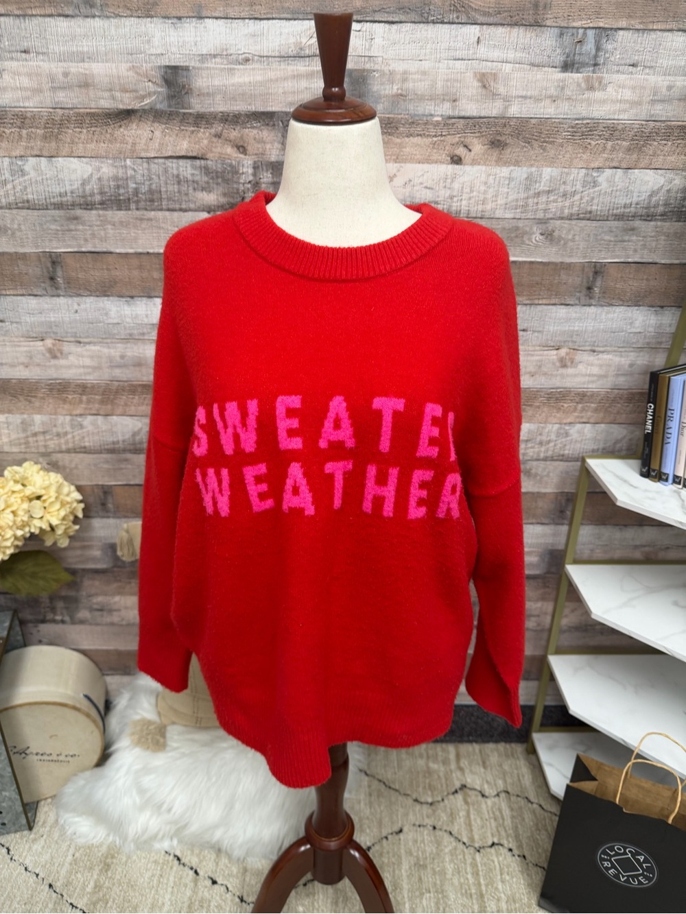 a new day Red Crewneck Sweater with Pink 'SWEATER WEATHER' Text